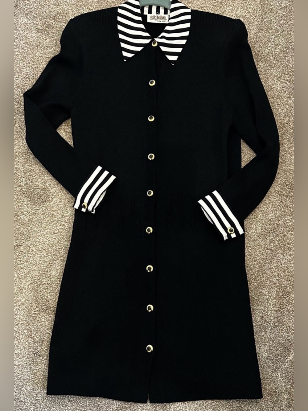 St. John Black Long Sleeve Button-Front Dress with Striped Collar & Cuffs
